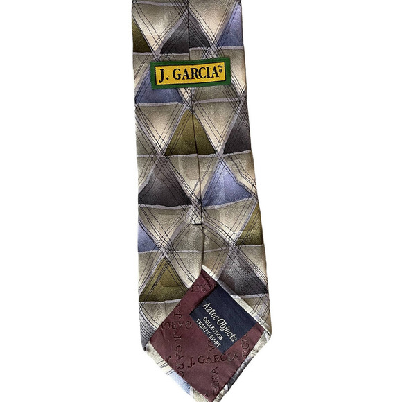 J. Garcia Men's Silk Necktie Aztec Objects Collection 28 Blue Olive Silver 1996 - Picture 2 of 7